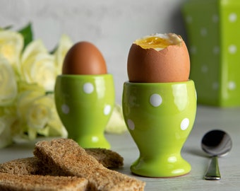 Egg Holder | Egg Cup Set | Ceramic Egg Holder, Lime Green & White Polka Dot Pottery Egg Cup Holder SET OF TWO, Housewarming, Christmas Gift