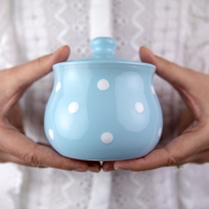 Ceramic Sugar Bowl with Lid, 10oz Sugar Contanier for Coffee Bar, Salt - Condiment Pot for Kitchen Counter, Baby Blue Polka Dot Sugar Jar