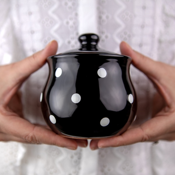 Black Honey Pot | Sugar Bowl with Lid, Handmade Ceramic, Pottery Jar with White Polka Dot, Housewarming Gift