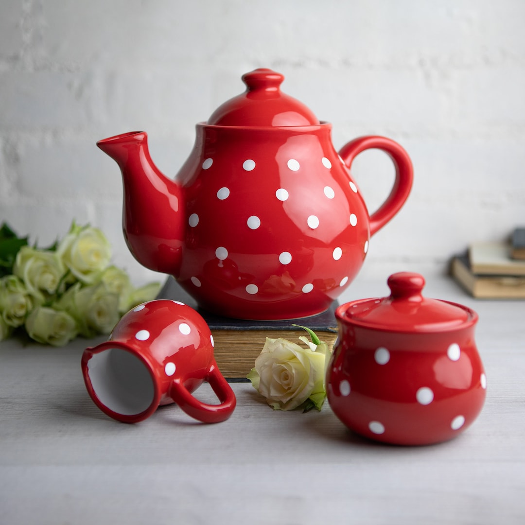 Red Ceramic Tea Set, Teapot Set, LARGE Teapot, Milk Jug, Sugar Bowl Set