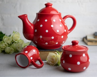 Red Ceramic Tea Set, Teapot Set, LARGE Teapot, Milk Jug, Sugar Bowl Set, Handmade Stoneware Pottery with White Polka Dots, Christmas Gift