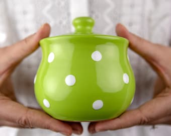 Handcrafted Ceramic Sugar Bowl with Lid, Green Polka Dot Design