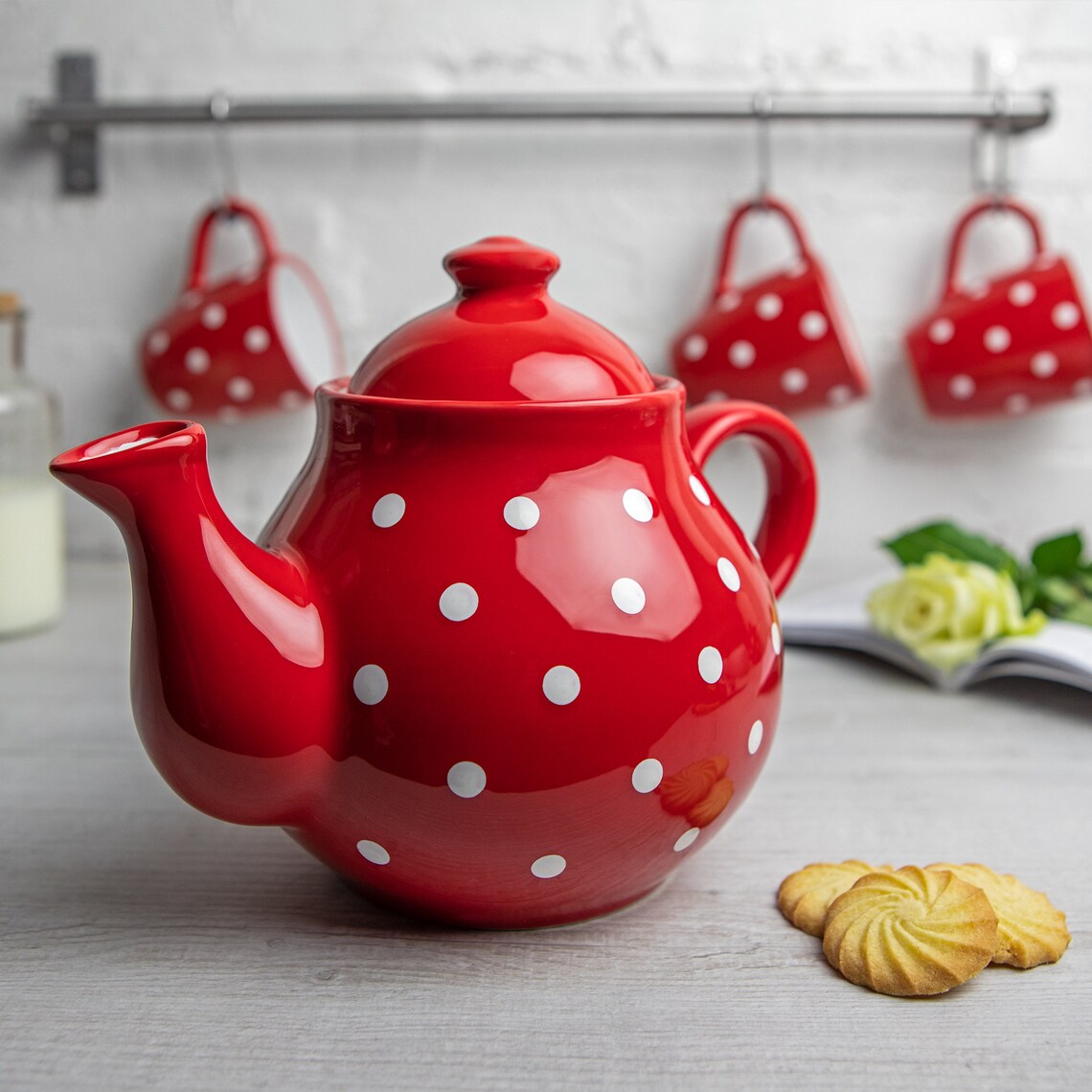 Red Ceramic Tea Set Teapot Set LARGE Teapot Milk Jug Sugar Etsy