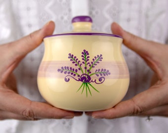 Ceramic Sugar Bowl with Lid, 10oz Sugar Contanier for Coffee Bar, Salt - Condiment Pot for Kitchen Counter, Cream Lavender Floral Sugar Jar