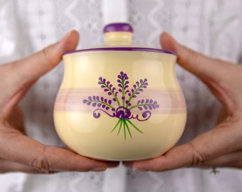 Lavender Honey Pot | Sugar Bowl with Lid, Handmade Ceramic, Purple Floral Pottery Jar, Housewarming Gift