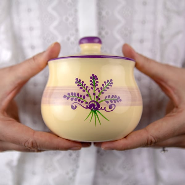 Lavender Honey Pot | Sugar Bowl with Lid, Handmade Ceramic, Purple Floral Pottery Jar, Housewarming Gift