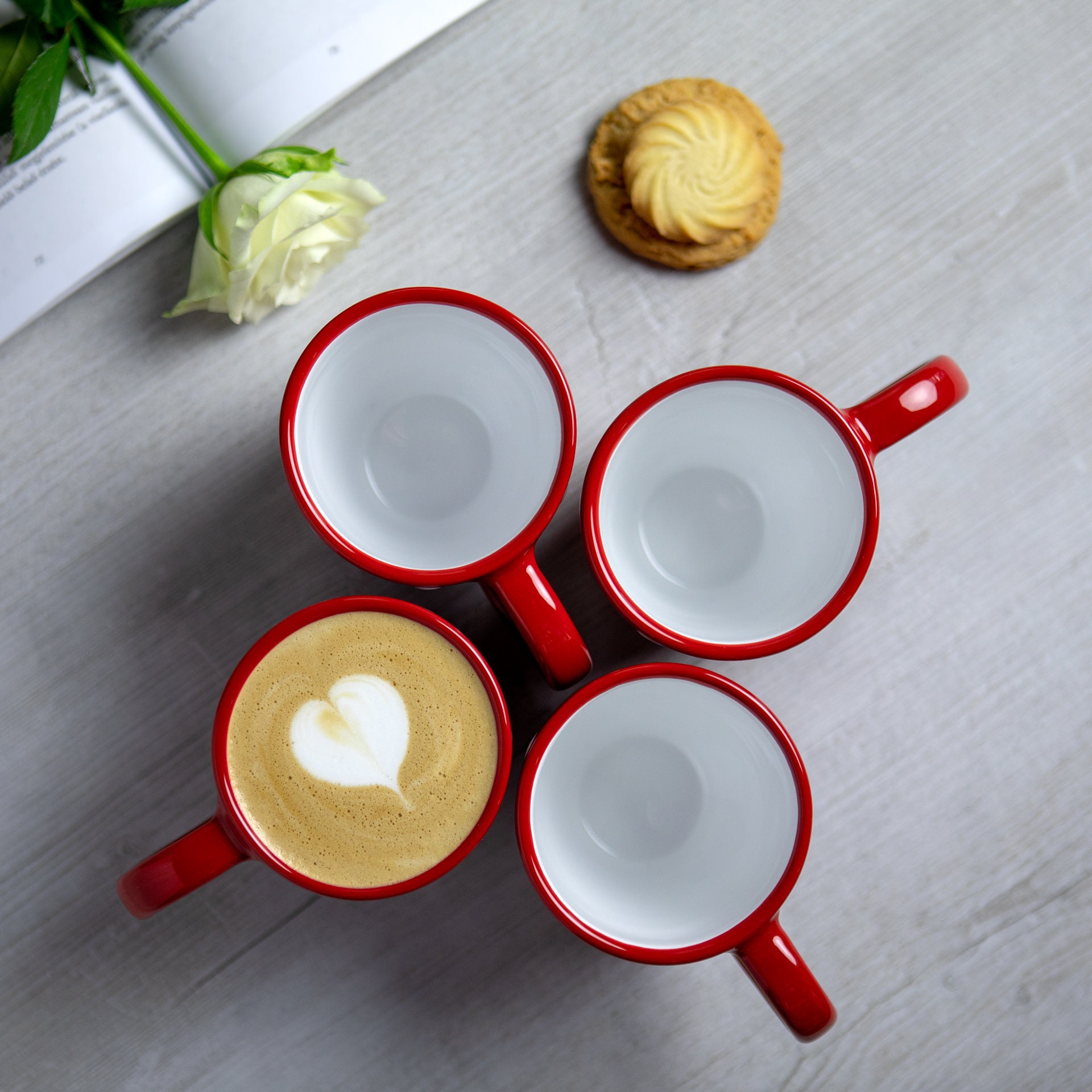 ODIINCY Coffee Mugs Set of 4, Christmas Handmade Aesthetic Coffee Mugs Tea Cups for Office and Home, Artsy Ceramic Coffee Mugs for Women Men, Red 