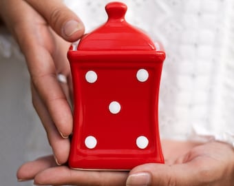 Red Spice Jar | Kitchen Canister | Storage Jar, Unique Handmade Pottery White Polka Dot Ceramic Canister, Housewarming, Christmas Gift