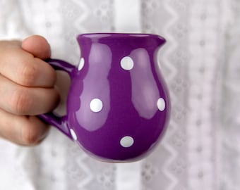 Ceramic Milk Jug, Creamer, Gravy Jug, Purple Handmade Pottery with White Polka Dot, Stoneware Small Pitcher Jug, Tea, Coffee Lovers Gift,