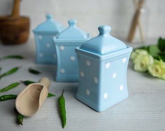 Light Sky Blue & White Spice Jars | Kitchen Canisters, Storage Jars, Unique Handmade Pottery, Ceramic Polka Dot Canister Set, Christmas Gift