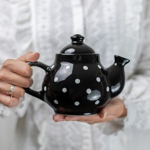 Black Ceramic Teapot, Handmade Pottery Tea Pot, for 1-2 CUP with White Polka Dot, Unique Stoneware, Housewarming Gift for Tea Lovers