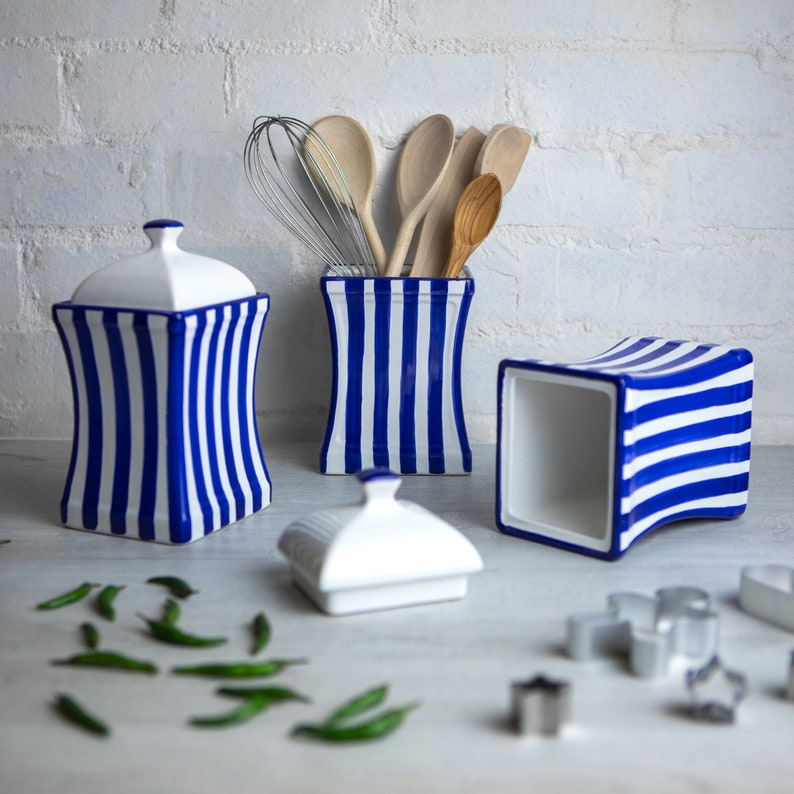 Navy Blue Stripe Canister Set | Kitchen Cookie Jar, Decorative Ceramic ...