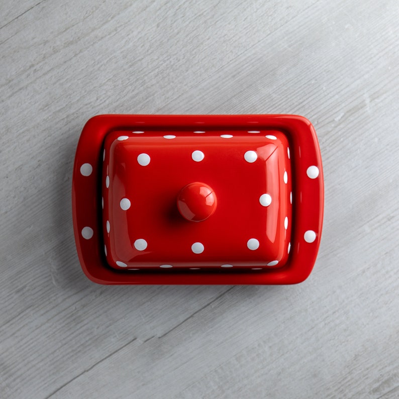 Red Covered Butter Dish with Lid, Ceramic Butter Keeper, European Style White Polka Dot, Stoneware Handmade Pottery, Housewarming Gift image 7