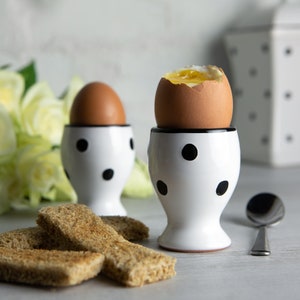 Egg Holder | Egg Cup Set | Ceramic Egg Holder, White and Black Polka Dot Pottery Egg Cup Holder SET OF TWO, Housewarming, Christmas Gift