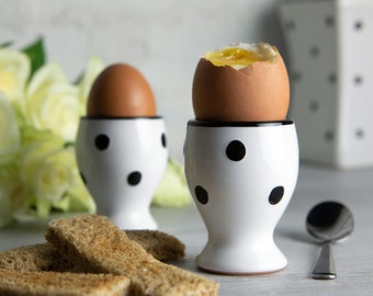 Egg Holder | Egg Cup Set | Ceramic Egg Holder, White and Black Polka Dot Pottery Egg Cup Holder SET OF TWO, Housewarming, Christmas Gift