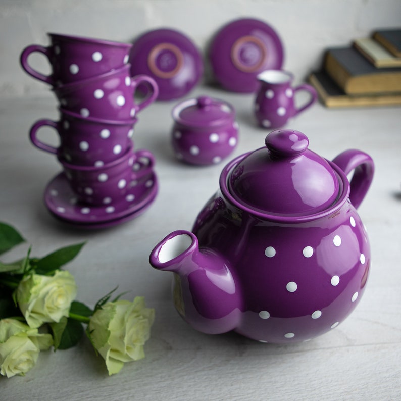 Purple Ceramic Tea Set Teapot SET for FOUR Large Teapot Etsy