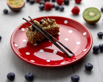 Ceramic Dessert Plate | Cake Plate | Decorative Plate | Hand Thrown Stoneware, 8 Inch Red and White Polka Dot Pottery Plate