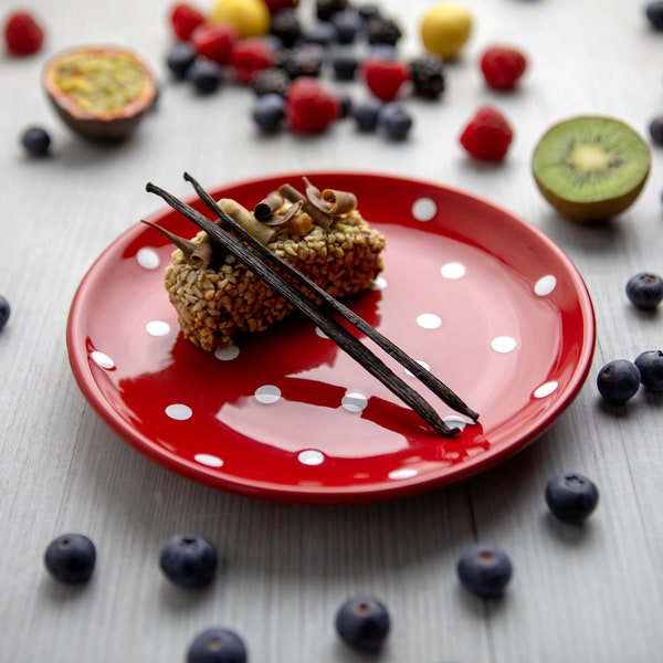 Assiette à dessert en céramique | Assiette à gâteau | Assiette décorative | Grès jeté à la main, assiette de poterie à pois rouges et blancs de 8 pouces