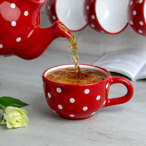 Large Coffee Mug Pottery Soup Mug Stoneware Coffee Mug, Red and White Polka Dot, EXTRA LARGE Mug, Handmade Ceramic Cute Mug image 5