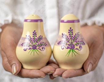 Salt and Pepper Shakers, Ceramic Cruet Set, Handmade Pottery, Purple Lavender Floral Pots, Country Cottage Style, Housewarming Gift