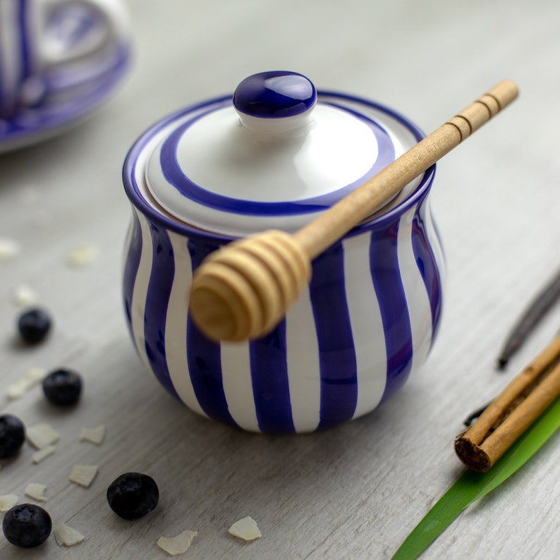 Navy Stripe Honey Pot Sugar Bowl With Lid Handmade Ceramic Etsy