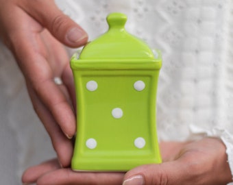 Green Spice Jar | Kitchen Canister | Storage Jar, Unique Handmade Pottery White Polka Dot Ceramic Canister, Housewarming, Christmas Gift