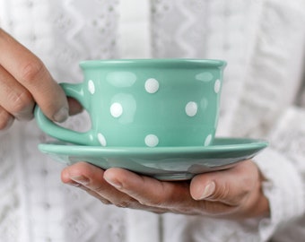 Teal Ceramic Tea Cup | Teacup and Saucer, Handmade White Polka Dot Farmhouse Style Stoneware Pottery, for Coffee Tea Lovers, Christmas Gift