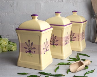 Lavender Floral Canister Set | Kitchen Cookie Jar, Decorative Ceramic Handmade Purple and Cream Pottery Tea Coffee Sugar Canister Set