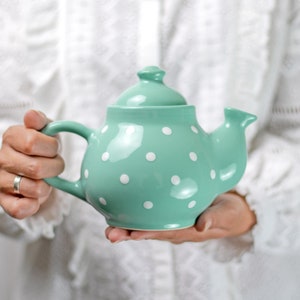 Teal Ceramic Teapot, Handmade Pottery Tea Pot, for 1-2 CUP White Polka Dot, Unique Stoneware, Housewarming Gift for Tea Lovers