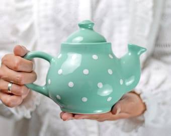 Teal Ceramic Teapot, Handmade Pottery Tea Pot, for 1-2 CUP White Polka Dot, Unique Stoneware, Housewarming Gift for Tea Lovers