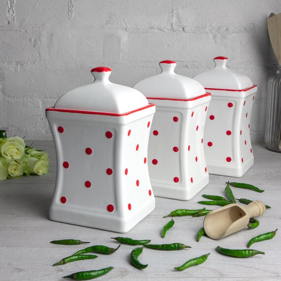 White And Red Canister Set Kitchen Cookie Jar Decorative Etsy