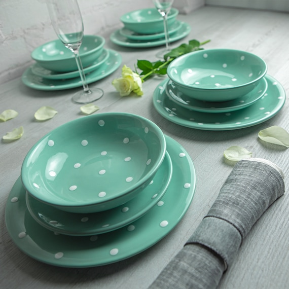 Dinnerware Set Pottery Dinnerware Handmade Ceramic Teal Blue and White Polka Dot Tableware Set for 4 Housewarming Gift Dinner Set Etsy UK