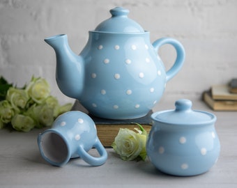 Sky Blue Ceramic Tea Set, Teapot Set, LARGE Teapot, Milk Jug, Sugar Bowl Set, Handmade Stoneware Pottery with White Polka Dot