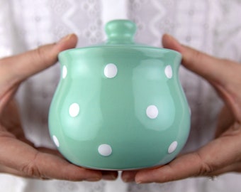 Teal Blue Honey Pot | Sugar Bowl with Lid, Handmade Ceramic, Pottery Jar with White Polka Dot, Housewarming Gift