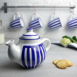 Ceramic Teapot, Handmade Pottery Tea Pot, for 1-2 CUP Navy Blue Stripe, Unique Stoneware, Coastal Housewarming Gift for Tea Lovers image 4
