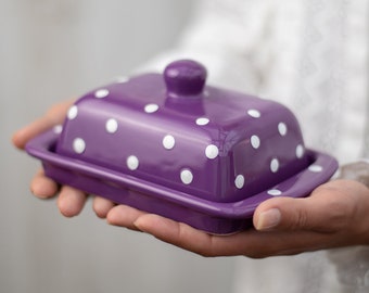 Handmade Purple Butter Dish with Lid, White Polka Dot Ceramic Butter Keeper