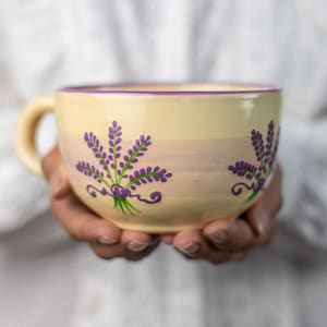 Large Coffee Mug | Pottery Soup Mug | Stoneware Coffee Mug, Purple Lavender Floral, EXTRA LARGE Mug, Handmade Ceramic Cute Mug