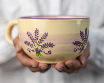 Large Coffee Mug | Pottery Soup Mug | Stoneware Coffee Mug, Purple Lavender Floral, EXTRA LARGE Mug, Handmade Ceramic Cute Mug