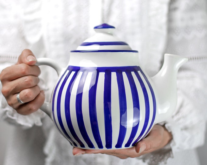 Handmade Ceramic Teapot, Large Navy Blue Striped Stoneware, 60oz