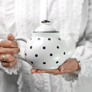White Ceramic Teapot, Handmade Pottery Tea Pot, for 1-2 CUP with Black Polka Dot, Unique Stoneware, Housewarming Gift for Tea Lovers
