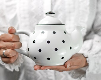 White Ceramic Teapot, Handmade Pottery Tea Pot, for 1-2 CUP with Black Polka Dot, Unique Stoneware, Housewarming Gift for Tea Lovers