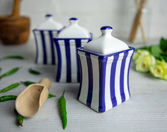 Navy Blue Stripe Spice Jars | Kitchen Canisters | Storage Jars, Unique Handmade Pottery, Ceramic Canister Set, Christmas Gift