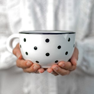 Large Coffee Mug | Pottery Soup Mug | Stoneware Coffee Mug, White and Black Polka Dot, EXTRA LARGE Mug, Handmade Ceramic Cute Mug