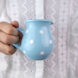 Ceramic Milk Jug, Creamer, Gravy Jug, Sky Blue Handmade Pottery with White Polka Dot, Stoneware Small Pitcher Jug, Tea, Coffee Lovers Gift,