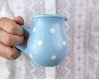 Ceramic Milk Jug, Creamer, Gravy Jug, Sky Blue Handmade Pottery with White Polka Dot, Stoneware Small Pitcher Jug, Tea, Coffee Lovers Gift,