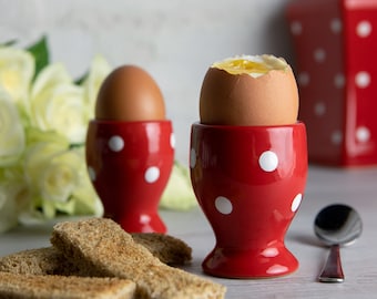 Egg Holder | Egg Cup Set | Ceramic Egg Holder, Red and White Polka Dot Pottery Egg Cup Holder SET OF TWO, Housewarming, Christmas Gift