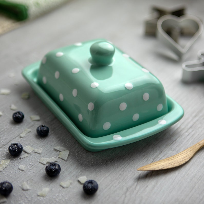 Teal Covered Butter Dish with Lid, Ceramic Butter Keeper, European Style White Polka Dot, Stoneware Handmade Pottery, Housewarming Gift image 2