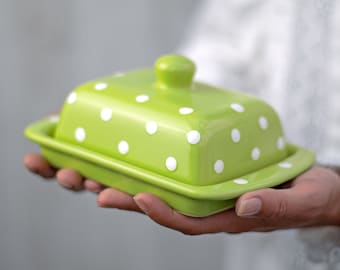 Green Covered Butter Dish with Lid, Ceramic Butter Keeper, European Style White Polka Dot, Stoneware Handmade Pottery, Housewarming Gift