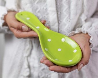 Ceramic Spoon Rest, Spoon Holder, Kitchen Cooking Utensil Rest, Green with White Polka Dot, Handmade Stoneware Pottery, Housewarming Gift