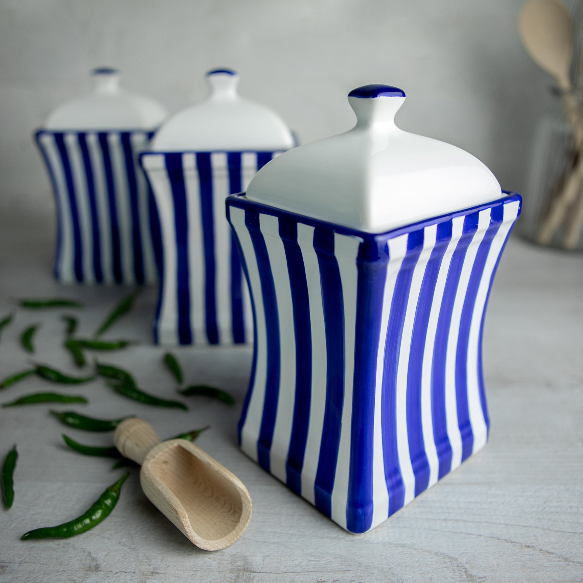 Navy Blue Stripe Canister Set | Kitchen Cookie Jar, Decorative Ceramic ...